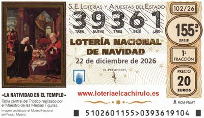 Anverso del décimo 39361 de la Lotería de Navidad 2026, de Guadalajara